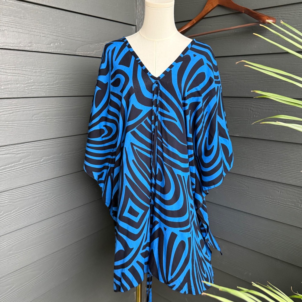 Luna May 100% Rayon Blue Black Abstract Kaftan Tunic Mini Dress Resort Boho